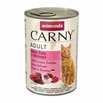 CARNY, Vită, Curcan și Creveți, conservă hrană umedă pentru pisici, (In aspic), 400g