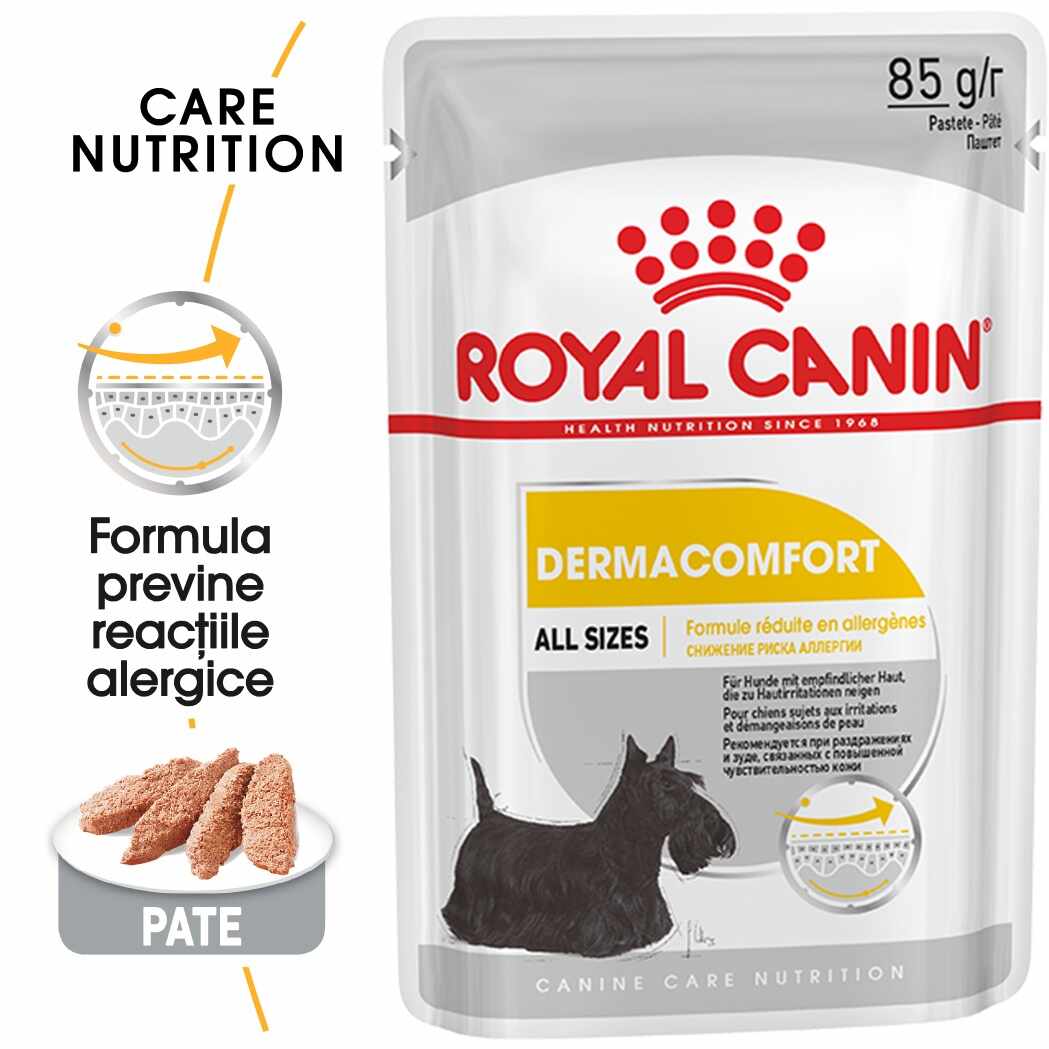 Royal Canin Dermacomfort Adult hrana umeda caine, prevenirea iritatiilor pielii (pate), 85 g