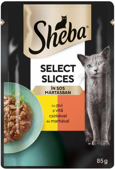 SHEBA Selection in Sauce Plic hrană umeda pt. pisici adulte, cu Pui şi Vită 85g