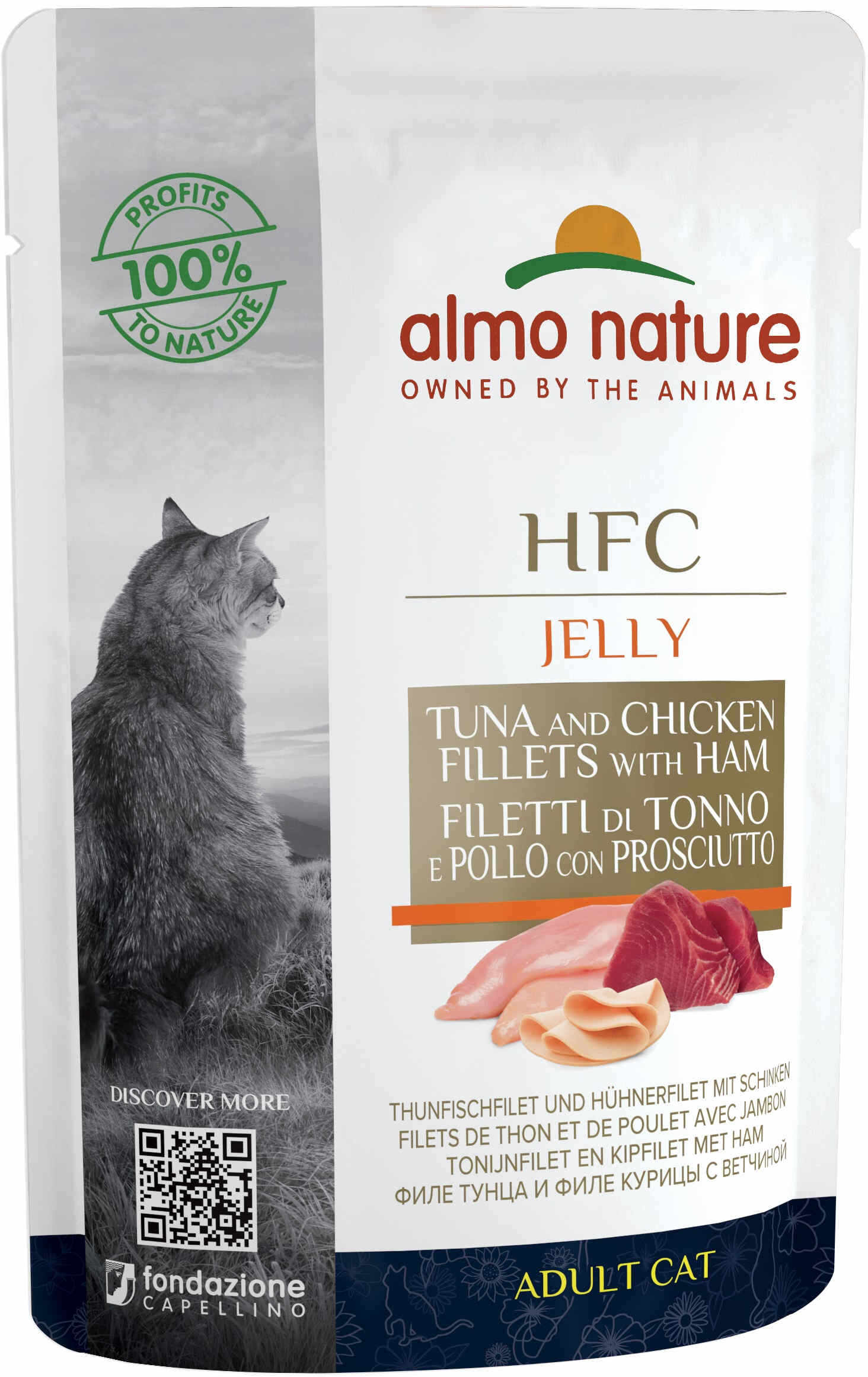 ALMO NATURE HFC Jelly Plic pentru pisici, cu ton şi pui cu şunca 55g