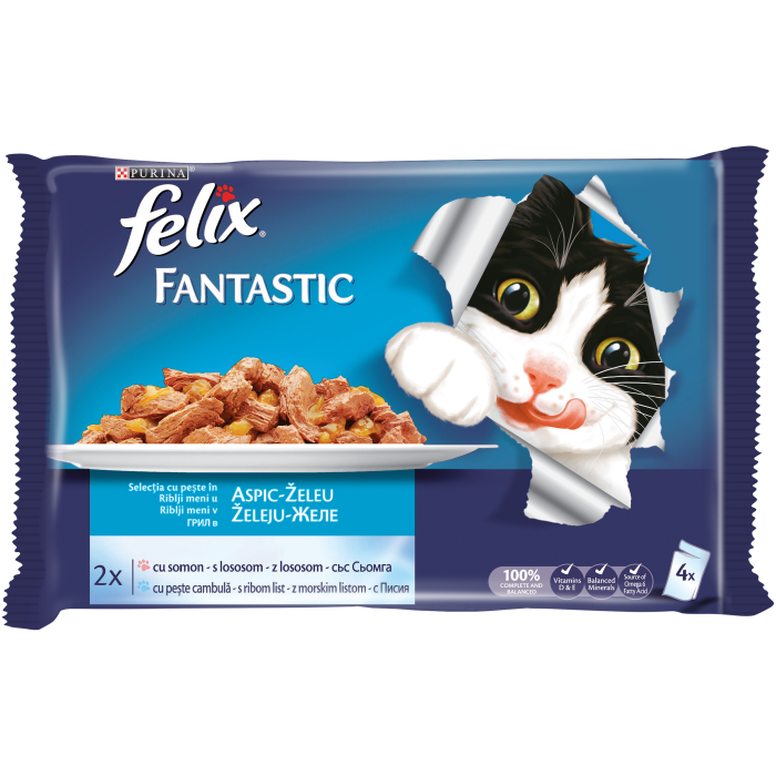 FELIX FANTASTIC Somon Peste Cambula in Aspic 4x100g, hrana umeda pentru pisici, 4x100g