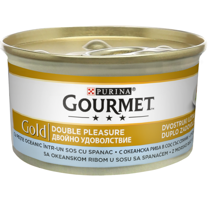 GOURMET GOLD Double Pleasure cu Peste oceanic si Spanac in sos, hrana umeda pentru pisici, 85 g