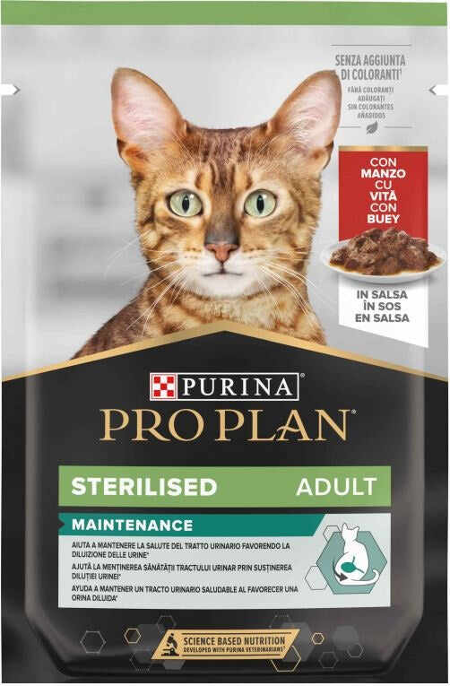 PRO PLAN Sterilised Plic hrană umedă pentru pisici, cu Vită 85g