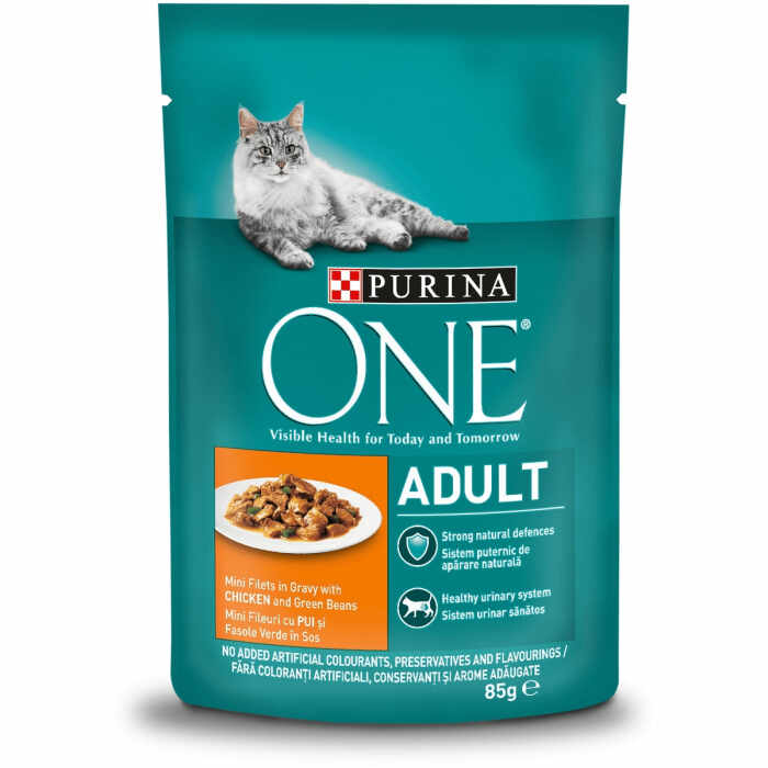 PURINA ONE ADULT cu Pui si Fasole Verde, Mini Fileuri in Sos, hrana umeda pentru pisici, 85 g