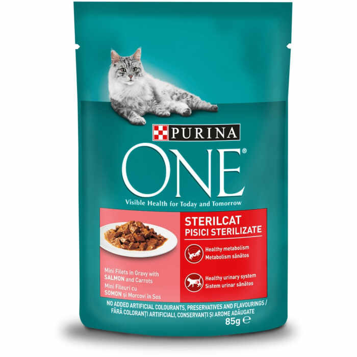 PURINA ONE STERILCAT cu Somon si Morcovi, Mini Fileuri in Sos, hrana umeda pentru pisici, 85 g