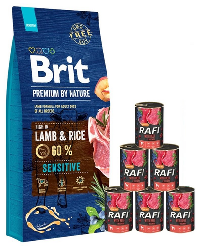 BRIT Premium By Nature Sensitive Lamb 15 kg + hrana umeda cu vita 6x400 g