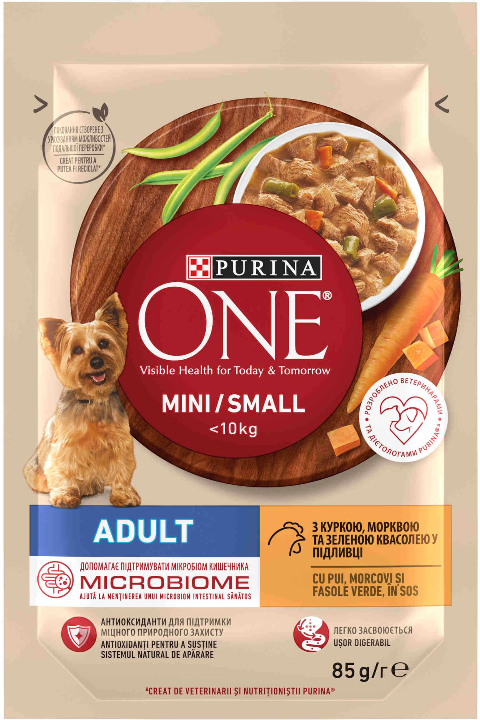 PURINA ONE Mini ADULT Plic hrană umedă pentru câini Pui/Morcov 85g