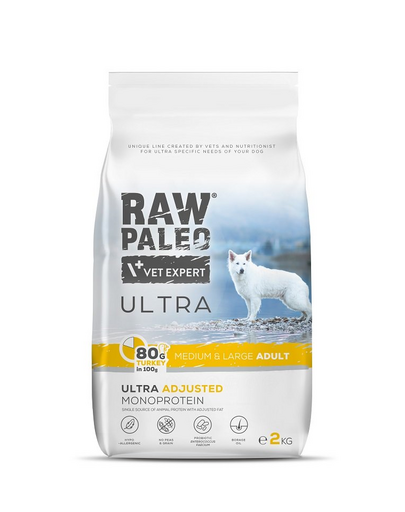RAW PALEO Ultra Turkey Medium&Large Adult 2kg pentru caini adulti rase medii si mari, din curcan