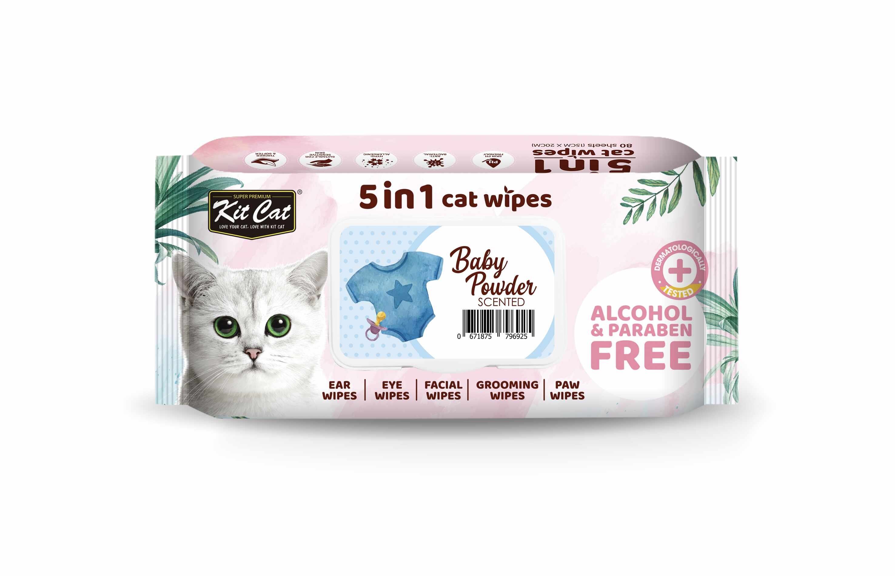 Servetele umede pentru pisici, Kit Cat 5in1 Baby Powder, 80 buc