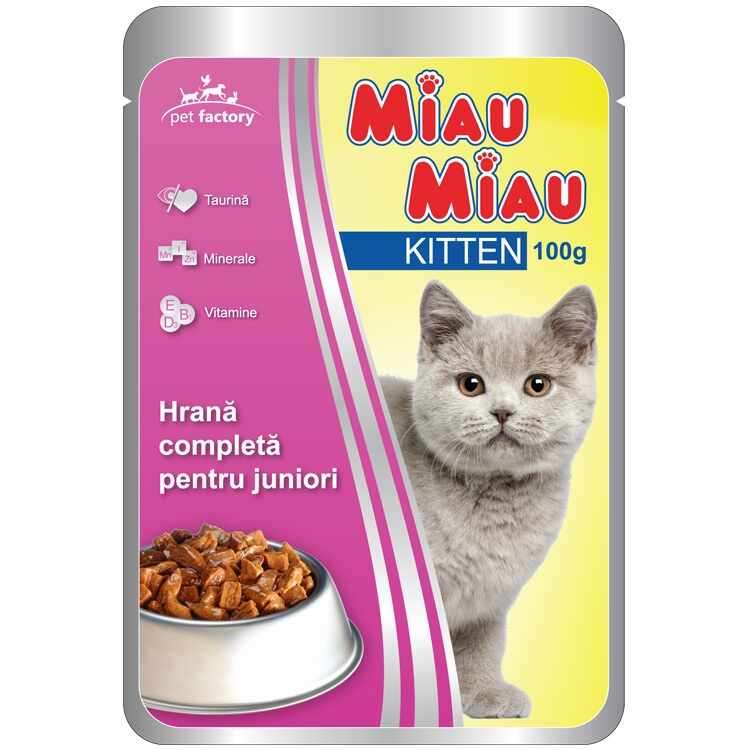 Mancare umeda pisici, Miau Miau Kitten, Pui, 100 g