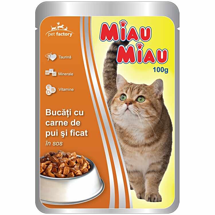 Mancare umeda pisici, Miau Miau, Pui si Ficat, 100 g