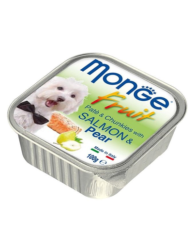 MONGE Fruit Dog hrană umedă pentru câini sub formă de pate, cu somon și pere 100 g