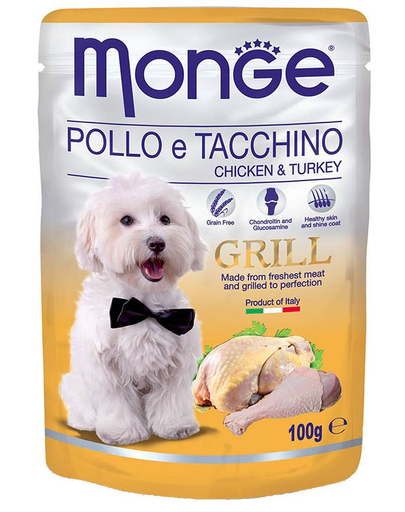 MONGE Grill hrană umedă pentru câini, bucăți de pui și curcan 100g