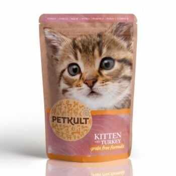 PETKULT Kitten, Curcan, plic hrană umedă fără cereale pisici junior, 100g