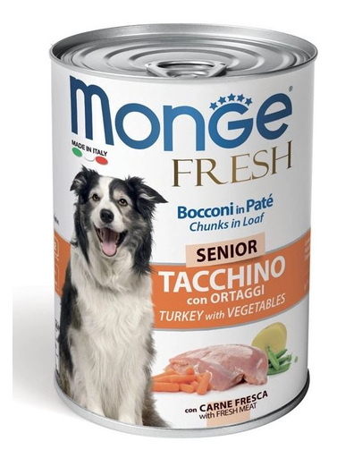 MONGE Fresh Dog Senior hrană umedă pentru câini seniori, curcan și legume 400g