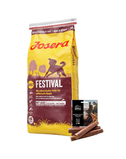 JOSERA Dog Festival hrana uscata pentru caini pretentiosi 15 kg + SIMPLY FROM NATURE Nature Sticks recompense cu vita 3 buc.