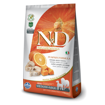 N&D Grain Free Adult Medium si Maxi Cod, Portocala si Dovleac, 2.5 Kg