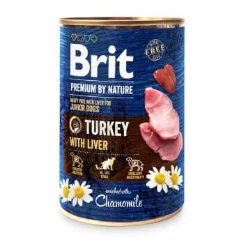BRIT Premium By Nature Junior, Curcan și Ficat, pachet economic conservă hrană umedă fără cereale câini, (pate), 400g x 6