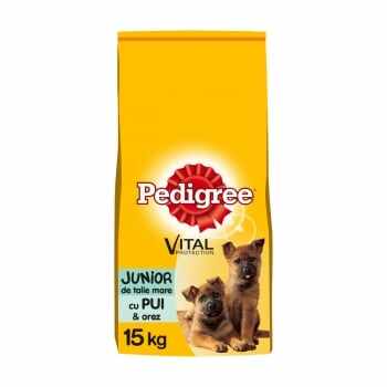 PEDIGREE Vital Protection Junior L, Pui și Orez, pachet economic hrană uscată câini junior, 15kg x 2