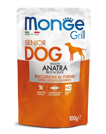 MONGE Grill Senior hrană umedă pentru câini seniori, cu rață 100 g