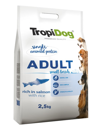 TROPIDOG Premium Adult S somon si orez 2,5 kg hrana uscata pentru caini de rase mici