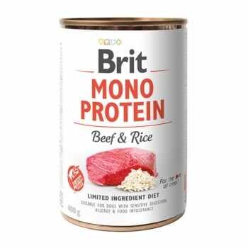 BRIT Mono Protein, Vită cu Orez brun, conservă hrană umedă monoproteică conținut redus cereale câini, (pate), 400g