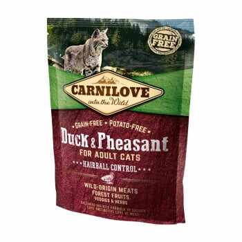 CARNILOVE Hairball Control, Rață și Fazan, hrană uscată fără cereale pisici, limitarea ghemurilor de blană, 400g