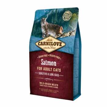 CARNILOVE Sensitive & Long Hair, Somon, pachet economic hrană uscată fără cereale pisici, sensibilități digestive, piele și blană, 2kg x 2