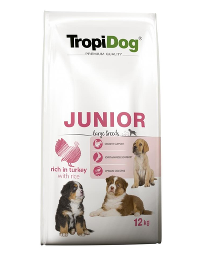 TROPIDOG Premium Junior L curcan si orez 12 kg hrana uscata pentru pui de rase mari