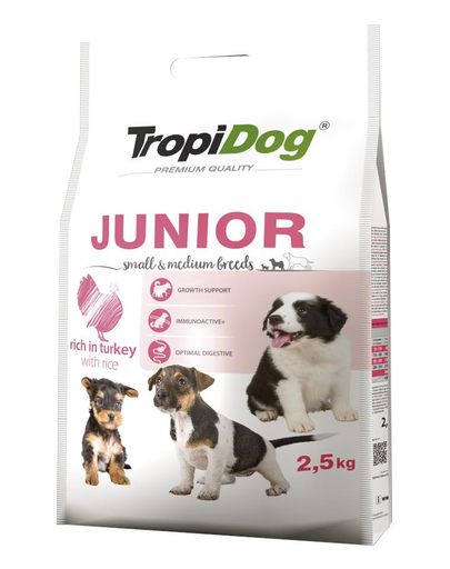 TROPIDOG Premium Junior S&M curcan si orez 2,5 kg hrana uscate pentru pui de rasa mica si medie
