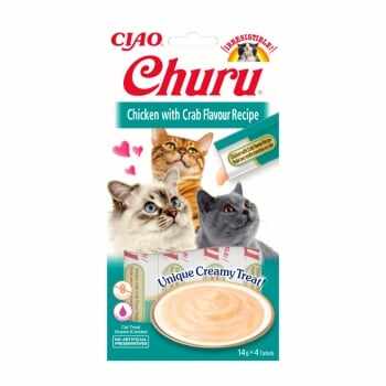 CIAO Churu Pure, Pui și Crab, Recompense lichide fara cereale Pisici, topping cremos, 14g x 4