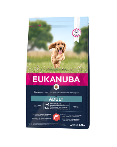 EUKANUBA Dog Base Adult Small & Medium Breeds Salmon & Barley hrana uscata caini adulti talie mica/medie, cu somon si orz 2.5 kg