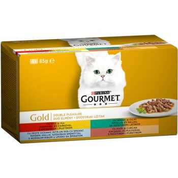 PURINA Gourmet Gold Double Pleasure, 4 arome (Vită și Pui, Rață și Curcan, Pește cu Spanac, Iepure și Ficat), pachet mixt, conservă hrană umedă pisici, (în sos), 85g x 4