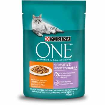 PURINA One Sensitive, Pui cu Morcov, plic hrană umedă pisici, sensibilități digestive, (în sos), 85g