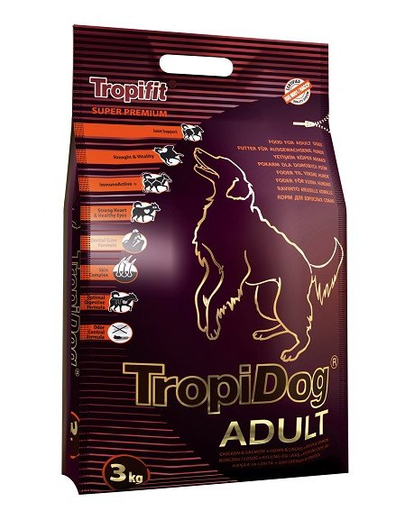 TROPIDOG Super Premium Adult M&L 3 kg hrana uscata caini adulti talie medie si mare, cu pui si somon