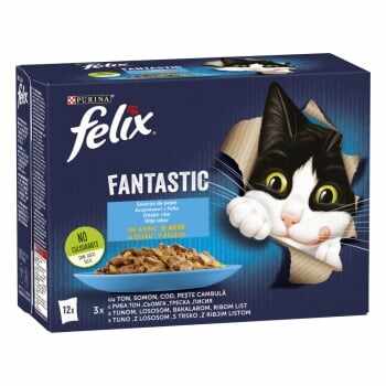 PURINA Felix Fantastic, 4 arome (Ton, Somon, Cod, Peste Cambula), pachet mixt, plic hrană umedă pisici, (în aspic), 85g x 12