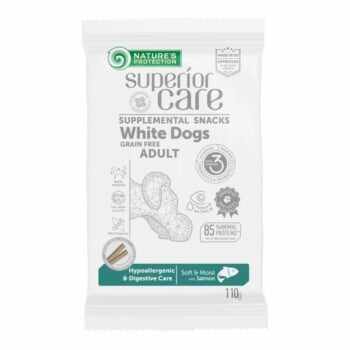 NATURES PROTECTION Superior Care blană albă, Somon, recompense funcționale hipoalergenice fără cereale câini, sensibilități digestive, 110g