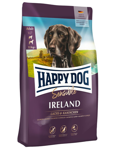 HAPPY DOG Supreme irland hrana uscata caini adulti sensibili, cu somon si iepure 12.5 kg + Recompense cu carne de iepure si ceai verde 300 g