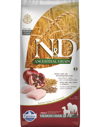 FARMINA N&D Ancestral Grain dog Adult Medium & Maxi Chicken & pomegranate Hrana uscata pentru caini de talie medie si mare, cu rodie si pui 2,5 kg