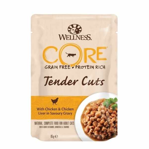 Hrana umeda pentru pisici Wellness Core Tender Cuts cu pui si ficat de pui in sos 85 g