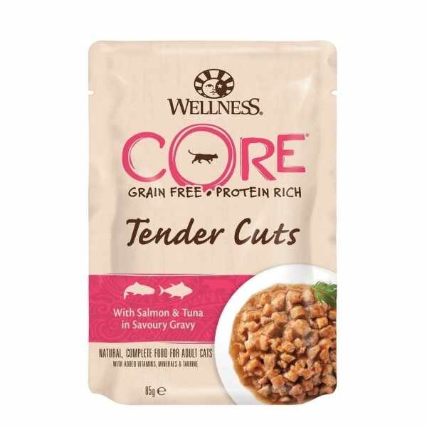 Hrana umeda pentru pisici Wellness Core Tender Cuts cu somon si ton in sos 85 g