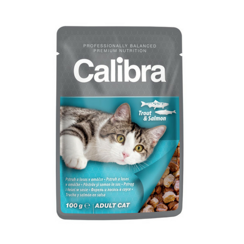 Hrana umeda pentru pisici Calibra cu pastrav si somon in sos 100 g