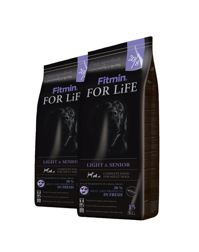 FITMIN Dog For Life Light&Senior hrana uscata caini seniori/supraponderali, cu carne de pasare 30 kg (2 x 15 kg)