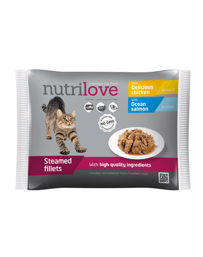 NUTRILOVE Premium hrana umeda pentru pisici, 2x cu somon, 2x cu pui in sos 4x85g