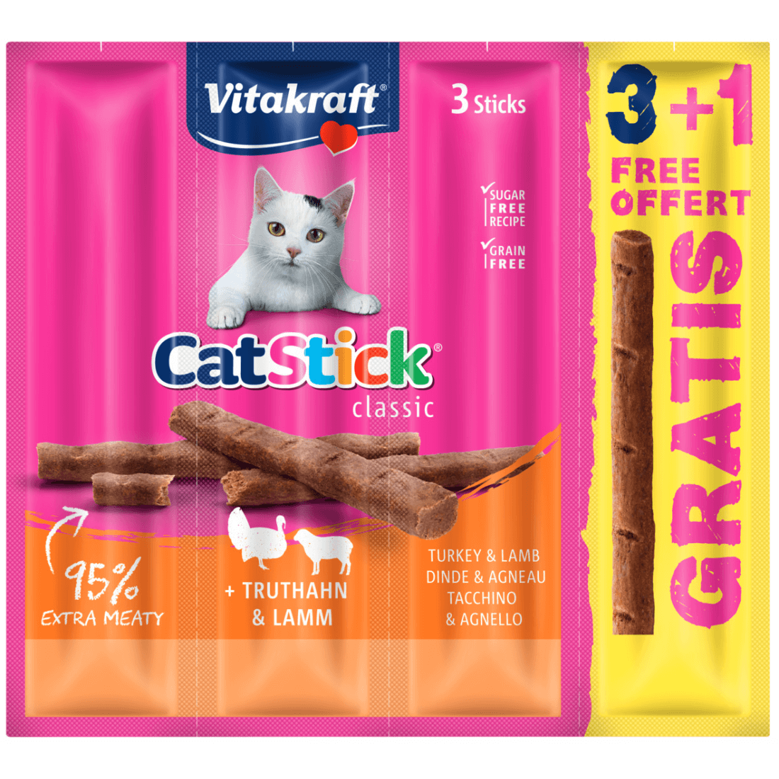 Recompense pentru pisici Vitakraft Cat Sticks Curcan/Miel 3+1 PROMO