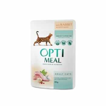 OPTIMEAL, Iepure, plic hrană umedă pisici, (în sos alb), 85g