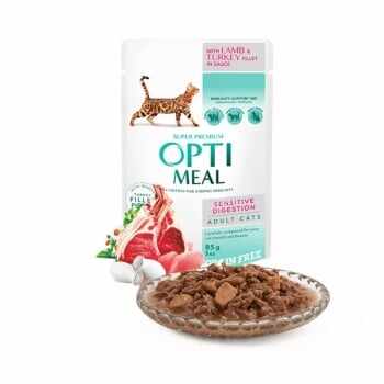 OPTIMEAL Sensitive, Miel și Curcan, plic hrană umedă pisici, sensibilități digestive, (în sos), 85g