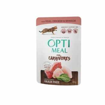 OPTIMEAL, Vită și Pui cu Spanac, plic hrană umedă fără cereale pisici, (în sos), 85g