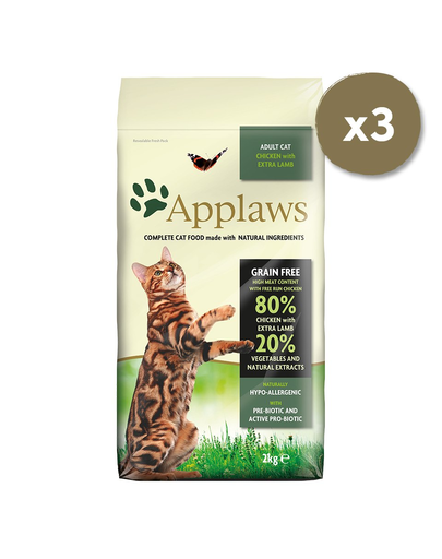 APPLAWS Dry Cat Adult cu pui si miel 3x2 kg + Cat Treat 20 g recompensa cu vita GRATIS