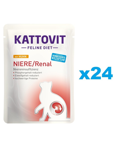 KATTOVIT Feline Diet Niere/Renal hrana umeda dietetica pentru pisici cu afectiuni ale rinichilor, cu pui 24 x 85 g